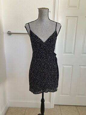 Reformation Black Polka Dot Wrap Spaghetti Strap Mini Dress